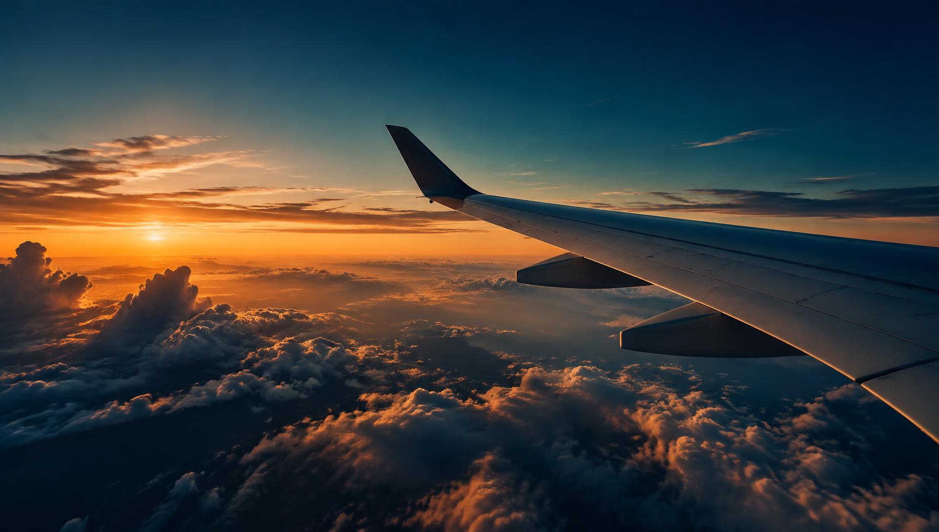 Aircraft wing above a glowing dusk cloudscape